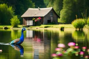 a blue bird is standing in the water near a house. AI-Generated photo