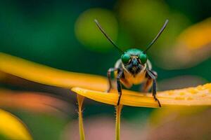 un verde y amarillo insecto sentado en un amarillo flor. generado por ai foto