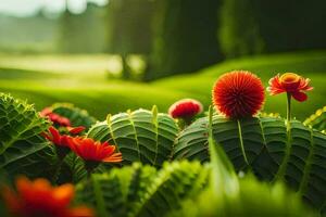 foto fondo de pantalla el cielo, plantas, flores, verde, el sol, árboles, el jardín,. generado por ai