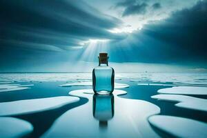 a bottle of water sits on the ice with a dark sky behind it. AI-Generated photo