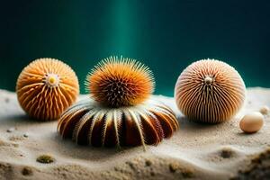 three sea urchins on the sand. AI-Generated photo