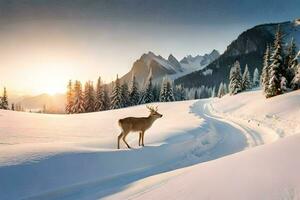 a deer stands in the snow in front of a mountain. AI-Generated photo