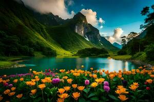 el flores de el montaña lago. generado por ai foto