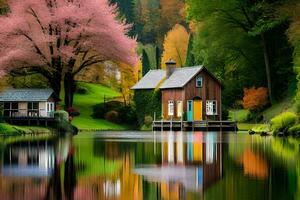 a house sits on the edge of a lake surrounded by trees. AI-Generated photo