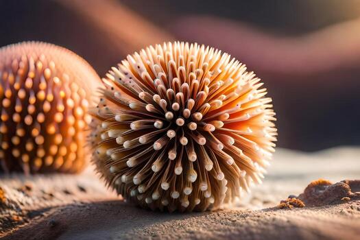 dos puntiagudo pelotas sentado en parte superior de un arenoso suelo. generado por ai foto