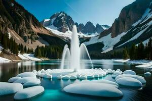 un fuente en el medio de un lago rodeado por nieve. generado por ai foto