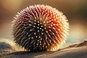 a close up of a spiky ball on the beach. AI-Generated photo