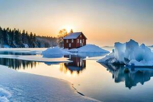 un rojo casa se sienta en un hielo témpano de hielo en el medio de un lago. generado por ai foto