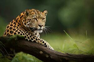 a leopard is sitting on a branch in the grass. AI-Generated photo