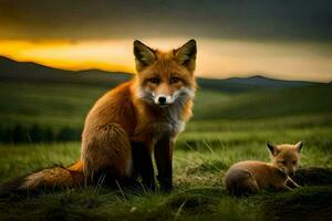 a fox and her cubs are sitting in the grass. AI-Generated photo