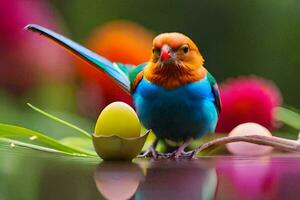 a colorful bird is standing on a leaf with an egg. AI-Generated photo