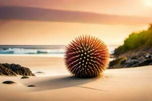 a spiky ball sits on the beach at sunset. AI-Generated photo