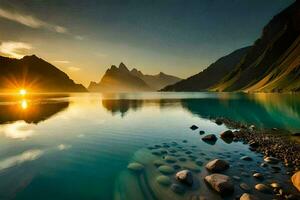 the sun rises over a mountain range and a lake. AI-Generated photo