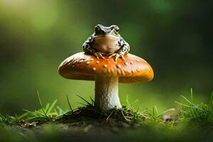 a frog sits on top of a mushroom. AI-Generated photo