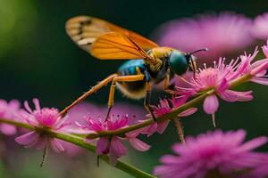 a bee on a flower with a dark background. AI-Generated photo