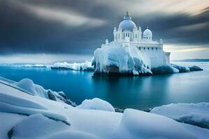 a church on an iceberg in the middle of the ocean. AI-Generated photo