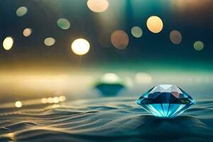 a diamond is sitting on the water with lights in the background. AI-Generated photo