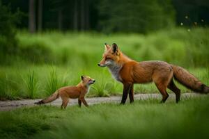 a mother fox and her cub walk through a field. AI-Generated photo