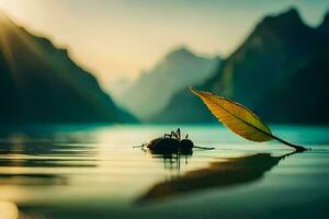 a leaf floating in the water with mountains in the background. AI-Generated photo