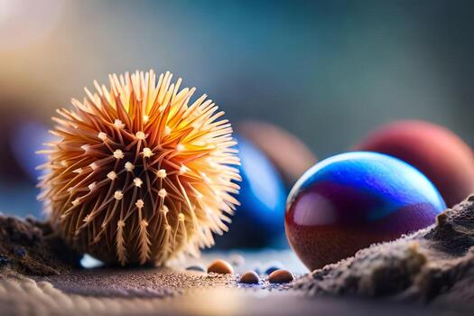 un cerca arriba de algunos vistoso pelotas y puntiagudo puntiagudo pelotas. generado por ai foto