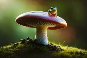 a frog sits on top of a mushroom. AI-Generated photo