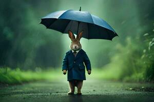 a rabbit in a suit and tie holding an umbrella. AI-Generated photo