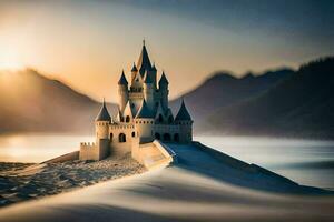 a castle in the sand with the sun setting behind it. AI-Generated photo