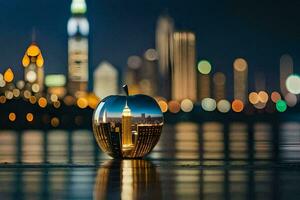 an apple with a city skyline in the reflection. AI-Generated photo