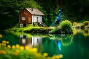 el casa es en el isla en el medio de el lago. generado por ai foto