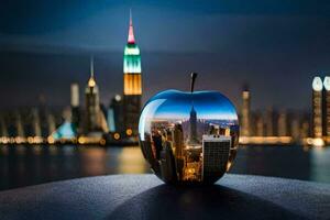 un manzana con un ciudad horizonte reflejado en él. generado por ai foto