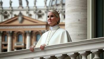 Historic Moment Female Pope Elected on Vatican Balcony. Generative ai. photo