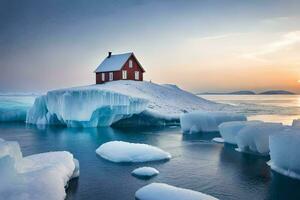 un rojo casa se sienta en un iceberg en el medio de el océano. generado por ai foto