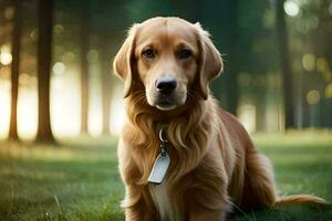 a golden retriever sitting in the grass. AI-Generated photo