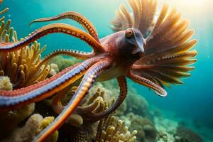 an octopus swimming in the ocean with coral. AI-Generated photo