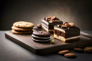 a chocolate cake, cookies and a chocolate bar on a wooden tray. AI-Generated photo