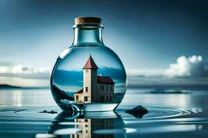 un casa en un botella en el agua. generado por ai foto