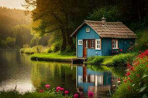 blue cottage on the lake at sunset. AI-Generated photo