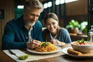 a man and woman eating spaghetti in a restaurant. AI-Generated photo