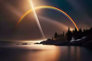 un arco iris es brillante terminado un lago y arboles generado por ai foto