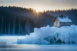 a small house sits on an iceberg in the middle of the water. AI-Generated photo