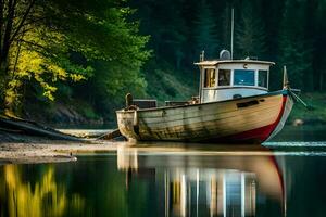 a boat is docked on the shore of a river. AI-Generated photo