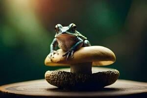 a frog sitting on top of a mushroom. AI-Generated photo