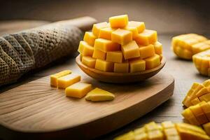 mango cubes on a wooden cutting board. AI-Generated photo