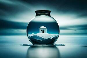 a house in a glass bottle on the ocean floor. AI-Generated photo