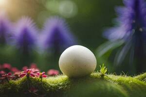 a white egg on a mossy green field with purple flowers. AI-Generated photo