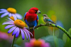 a red and blue bird sitting on a branch with purple flowers. AI-Generated photo