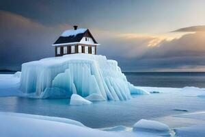 un casa en un iceberg en el medio de el océano. generado por ai foto