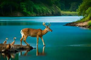 deer and birds in the water. AI-Generated photo