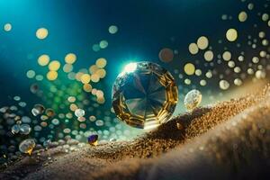 a diamond is shown on the sand with bubbles. AI-Generated photo