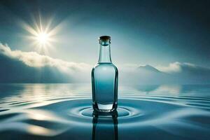 un botella de agua en el medio de el océano. generado por ai foto